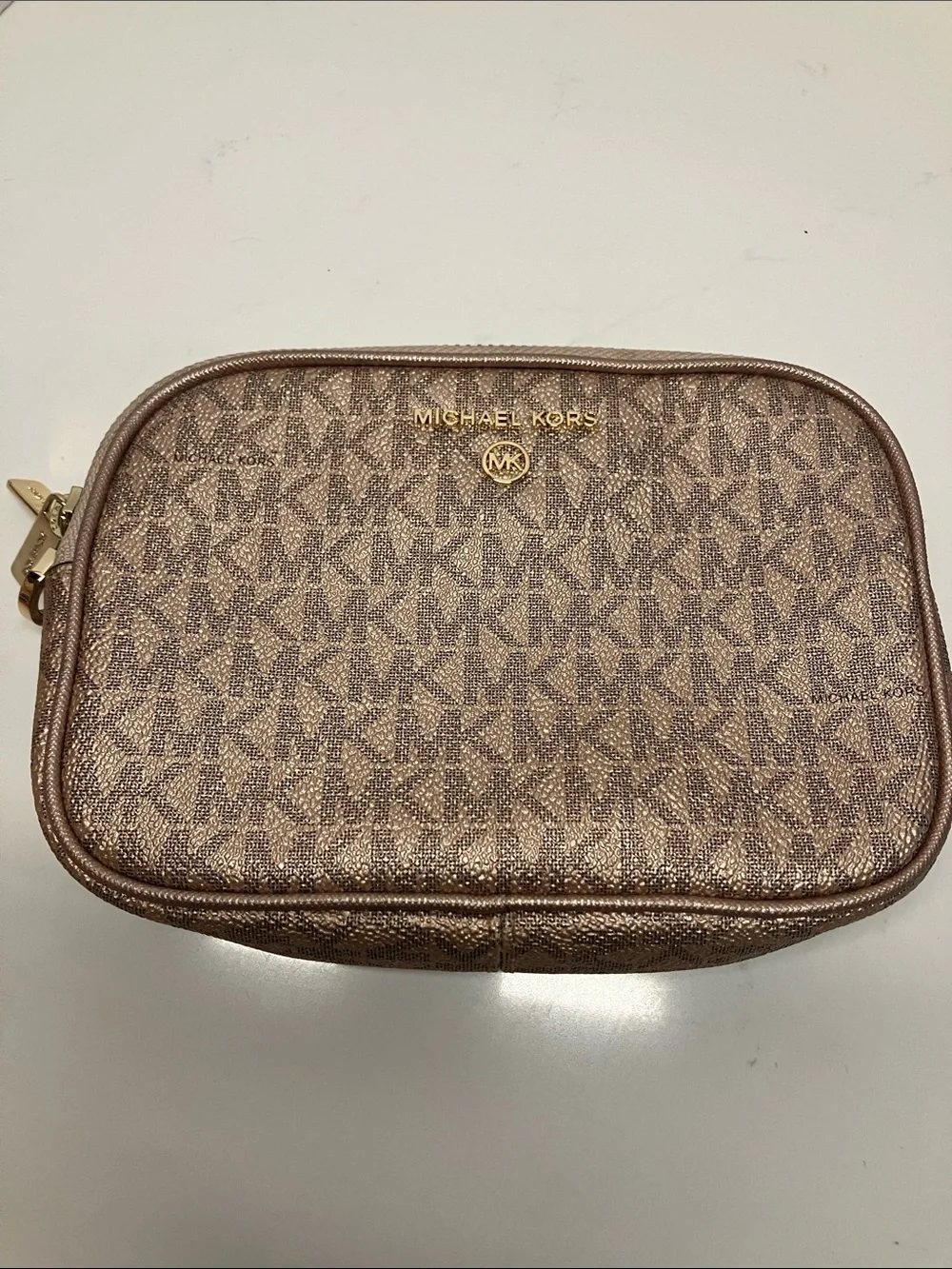 Michael Kors Metallic Rose Gold MK Monogram Cosmetic Case